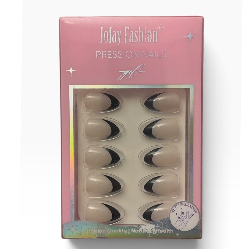 Jofay Fashion Press On Nails Black French Tip Almond Gel Manicure Kit 32 Count